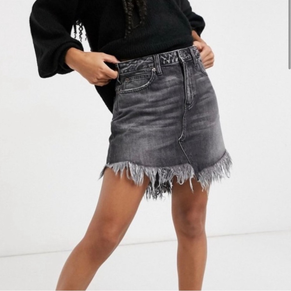 Free People Dark Wash Distressed Skirt